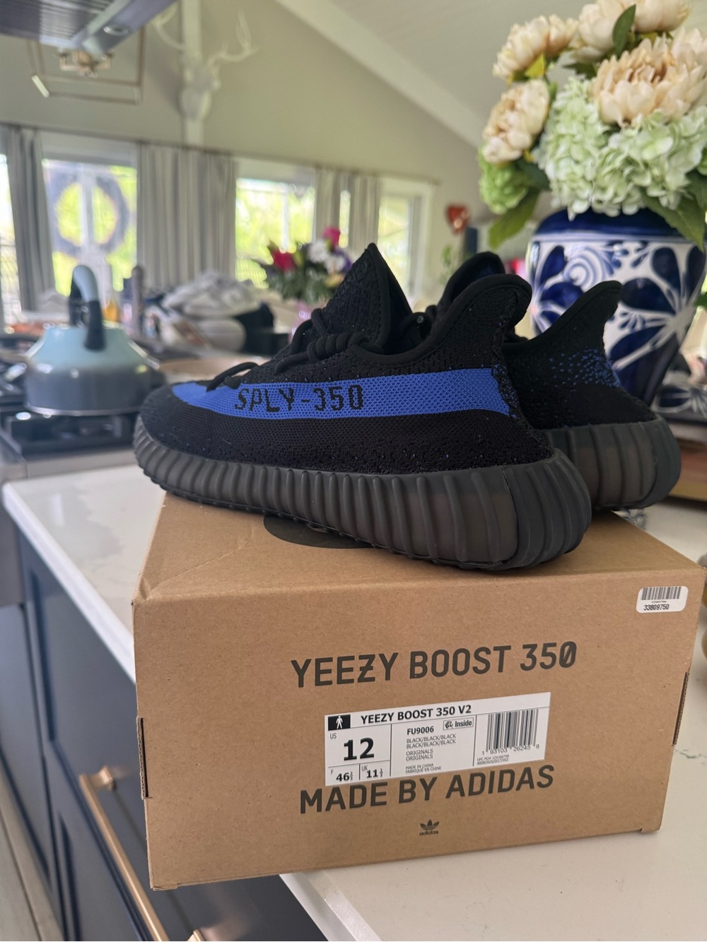 Yeezy Adidas Boost 350 V2 Black with Blue Stripe - Men's Athletic Shoes